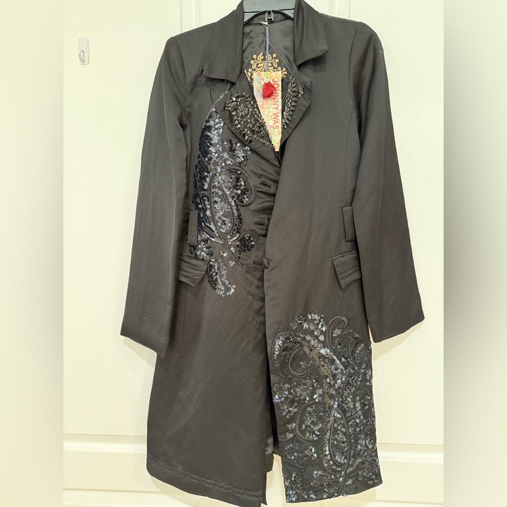 Johnny Was Biya Black Linen Rayon Coat w Rhinestone & sequence